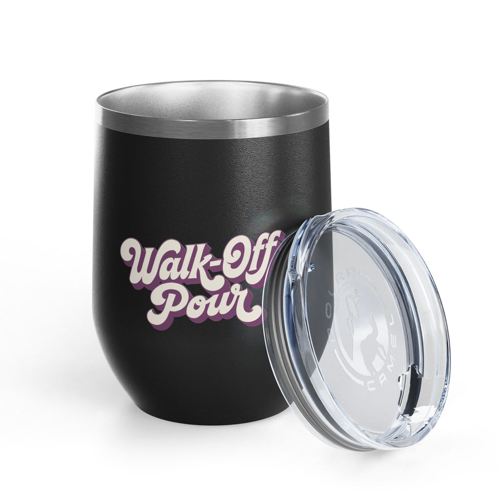 Black Walk-Off Pour 12oz stemless tumbler with lid off