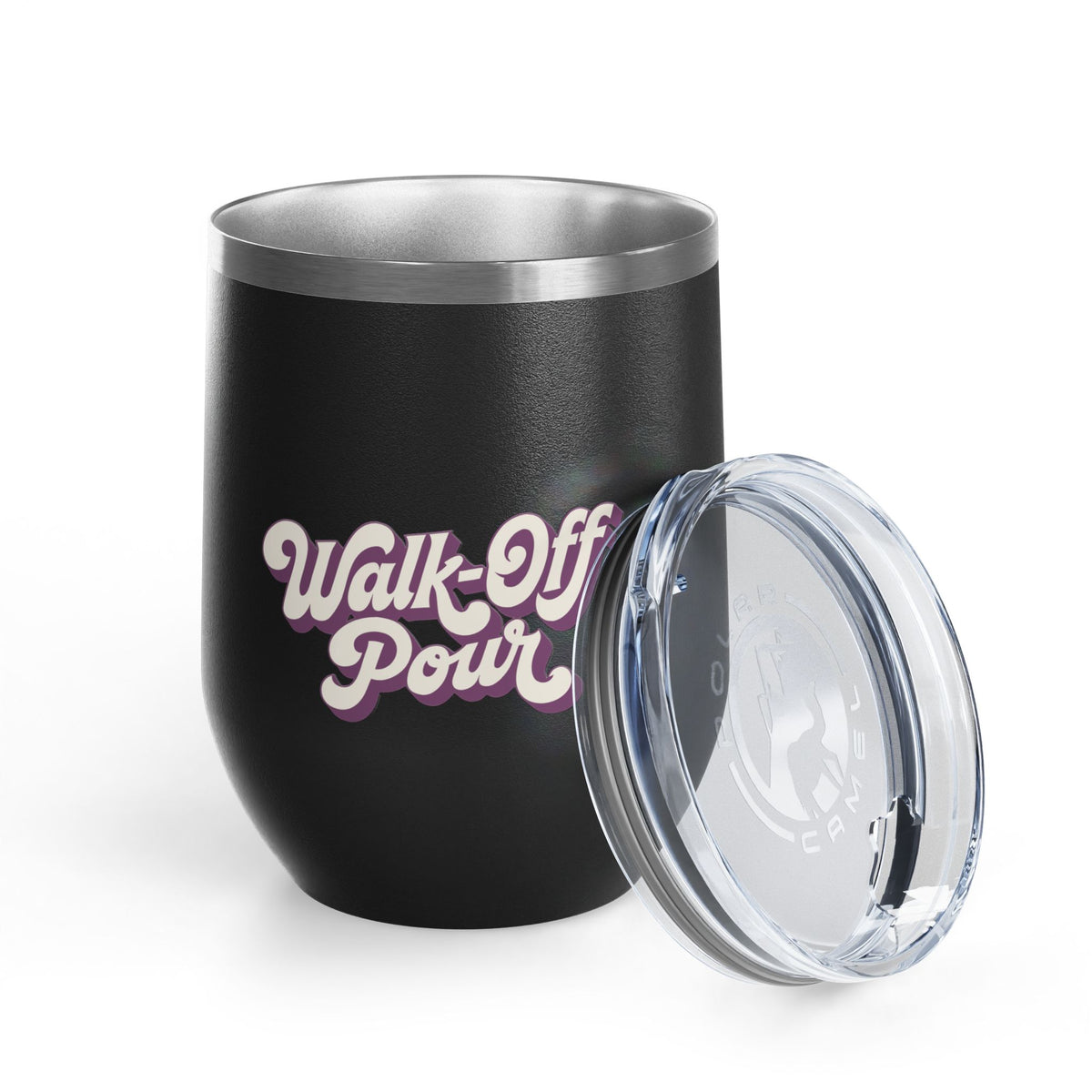Black Walk-Off Pour 12oz stemless tumbler with lid off