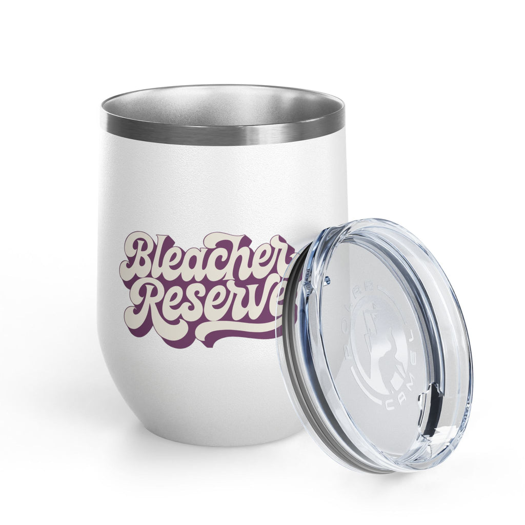 White Bleacher Reserve 12oz stemless tumbler with lid off