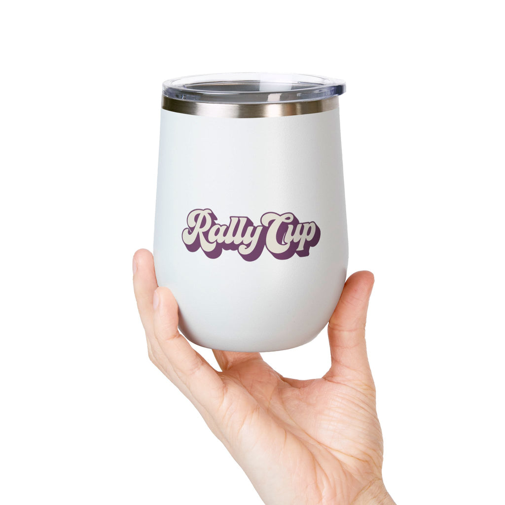 Hand holding a white Rally Cup 12oz stemless tumbler
