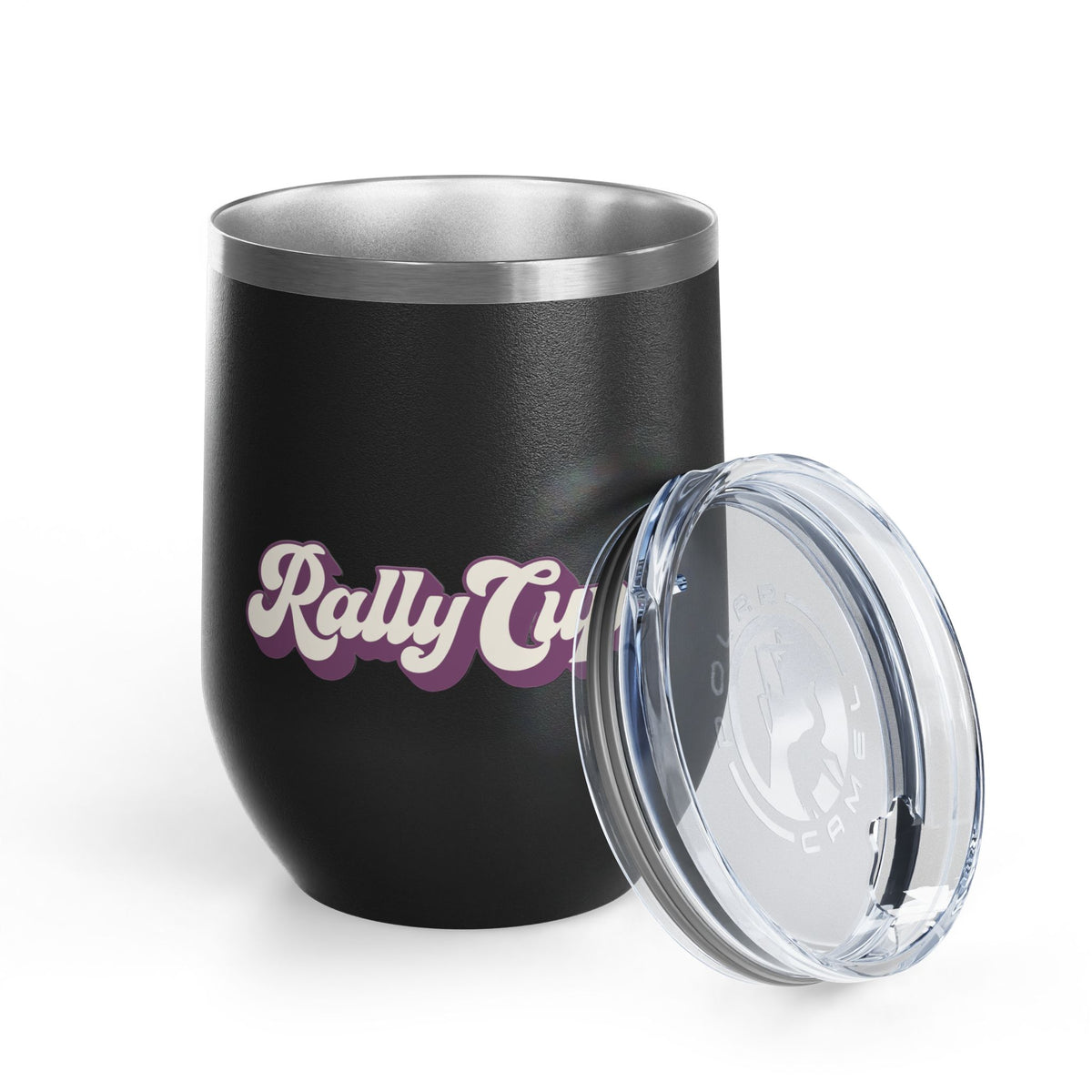 Black Rally Cup 12oz stemless tumbler with lid off