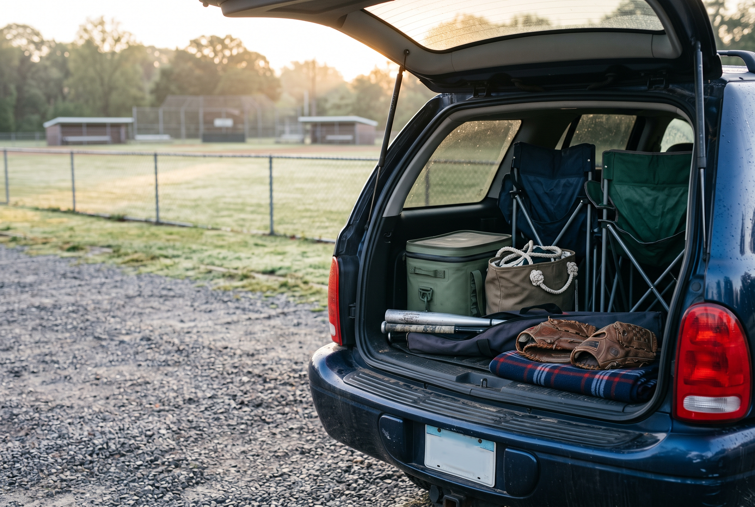 An open blue SUV trunk at a baseball field parking lot, filled with folding chairs, a cooler, a baseball mom bag, and a blanket, with a grassy youth baseball field in the background during sunset.