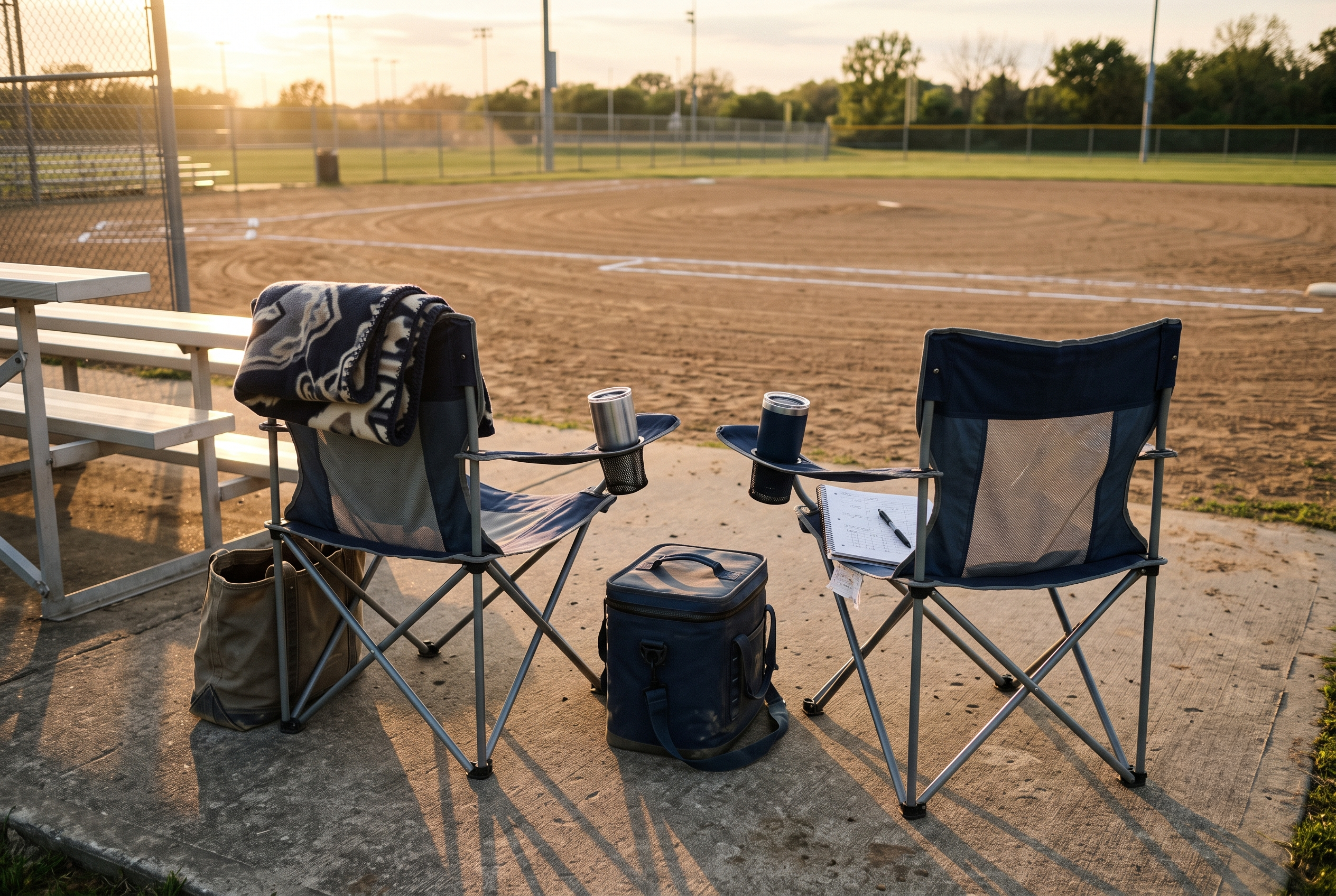 Two navy blue folding camp chairs on a concrete patch at a baseball field, with a cooler bag, cups, and blanket between them, set against a sunset-lit field.